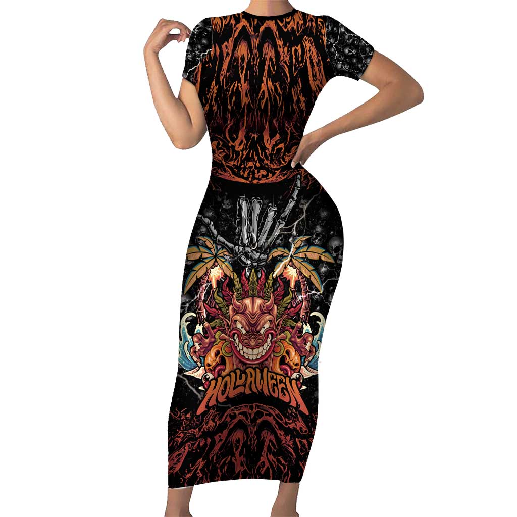 Aloha Halloween Short Sleeve Bodycon Dress Horror Tiki Heavy Metal Style LT05 Long Dress Black - Polynesian Pride