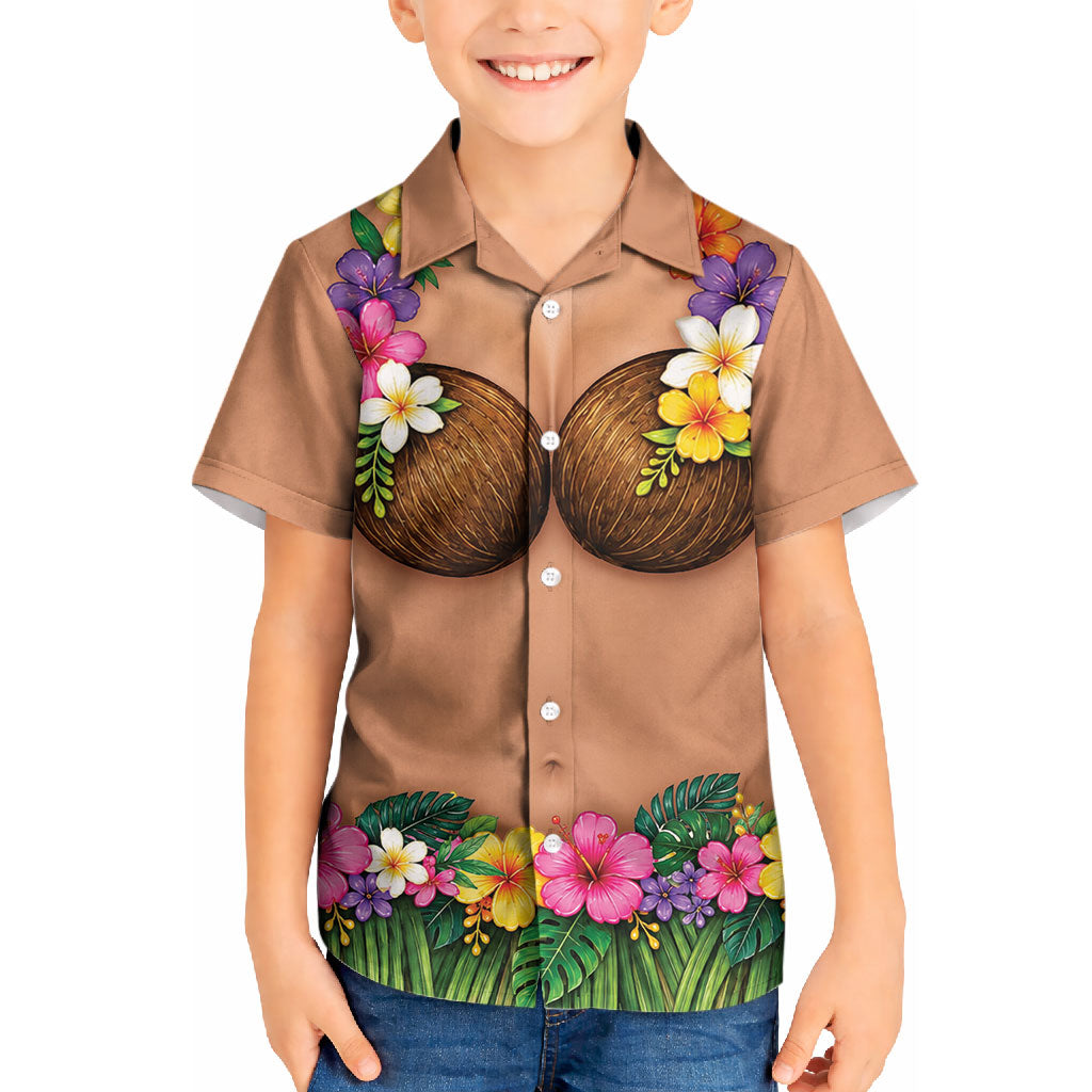 Hawaii Hula Costume Kid Hawaiian Shirt Coconut Bra Lei Flowers Grass Skirt LT05 Kid Beige - Polynesian Pride