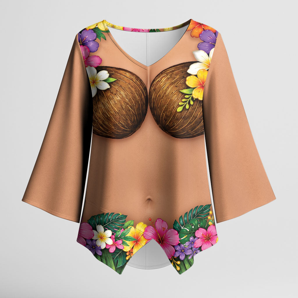 Hawaii Hula Costume Kimono Sleeve Blouse Coconut Bra Lei Flowers Grass Skirt LT05 Female Beige - Polynesian Pride