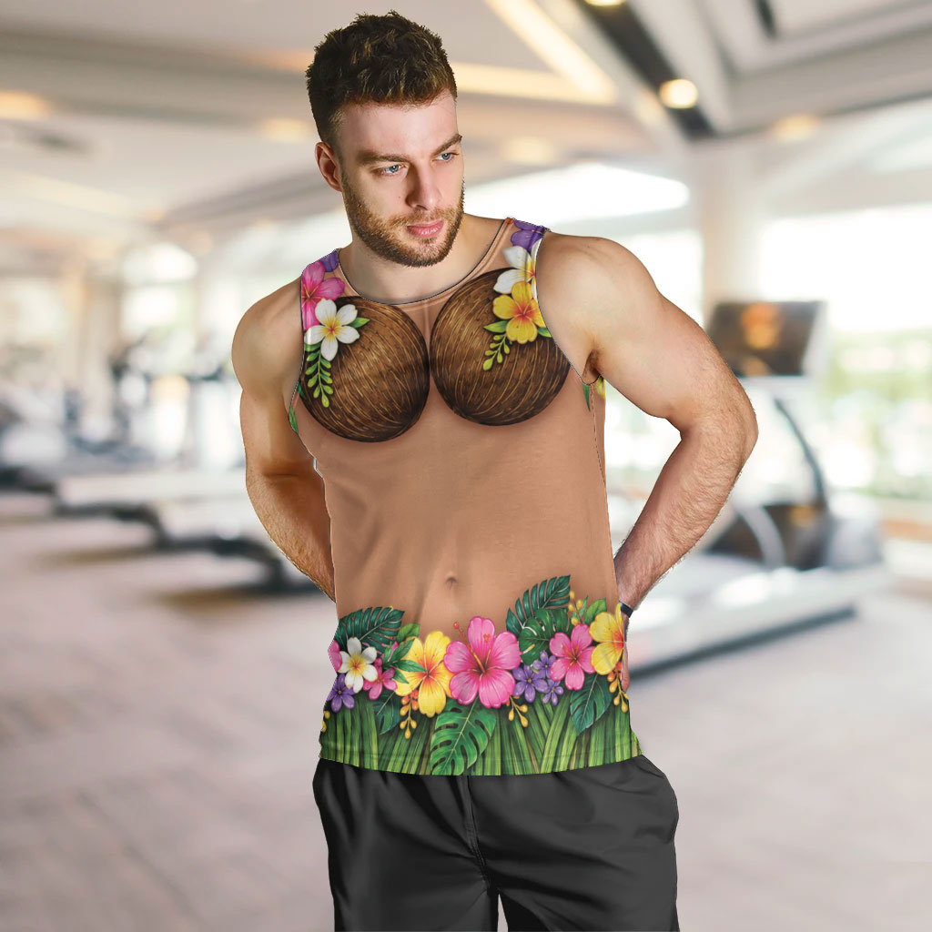 Hawaii Hula Costume Men Tank Top Coconut Bra Lei Flowers Grass Skirt LT05 Beige - Polynesian Pride