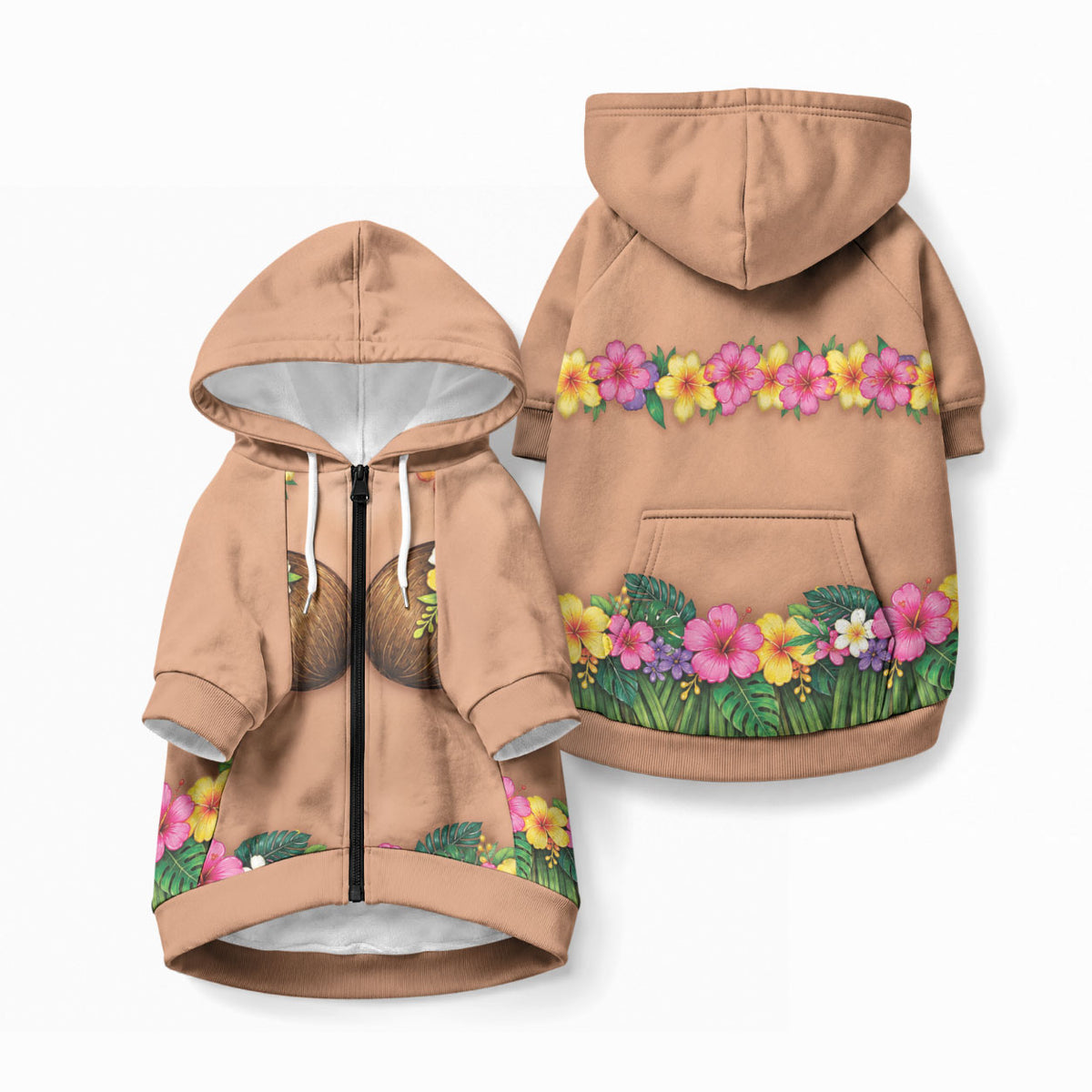 Hawaii Hula Costume Pet Hoodie Coconut Bra Lei Flowers Grass Skirt LT05 Zip-up Beige - Polynesian Pride