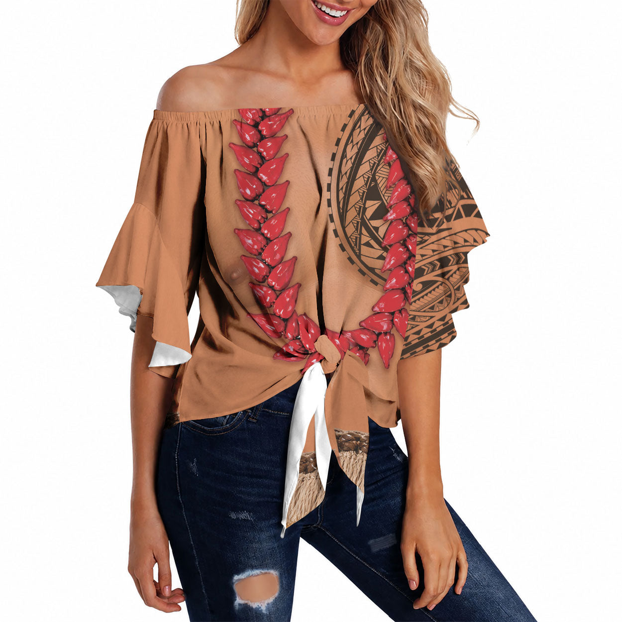 Samoa Tribal Tattoo Costume Off Shoulder Wrap Waist Top Ula Fala Necklace LT05 Beige - Polynesian Pride