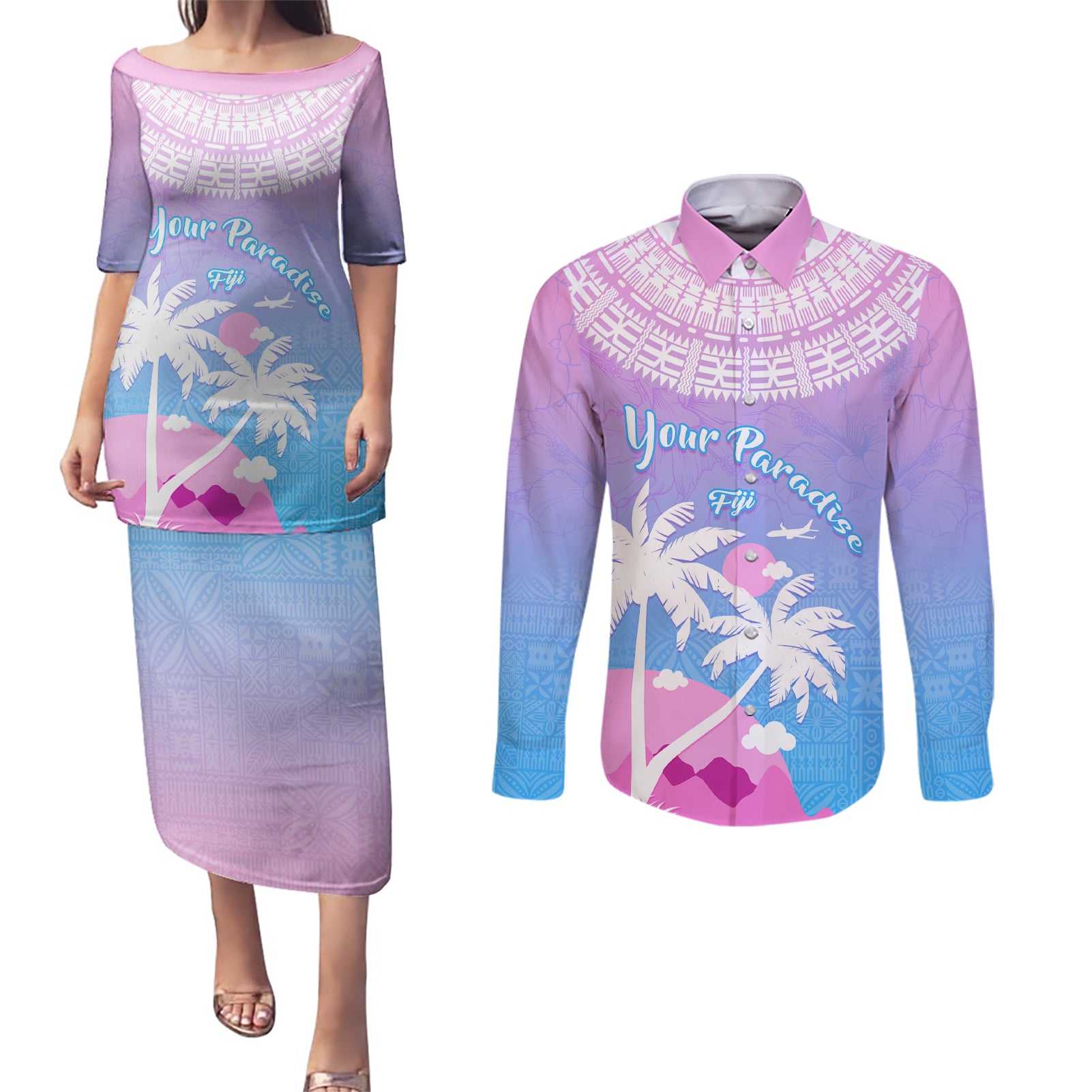 Personalised Fiji Your Paradise Festival Couples Matching Puletasi Dress and Long Sleeve Button Shirt With Fijian Masi Tapa Pattern LT05 Blue - Polynesian Pride