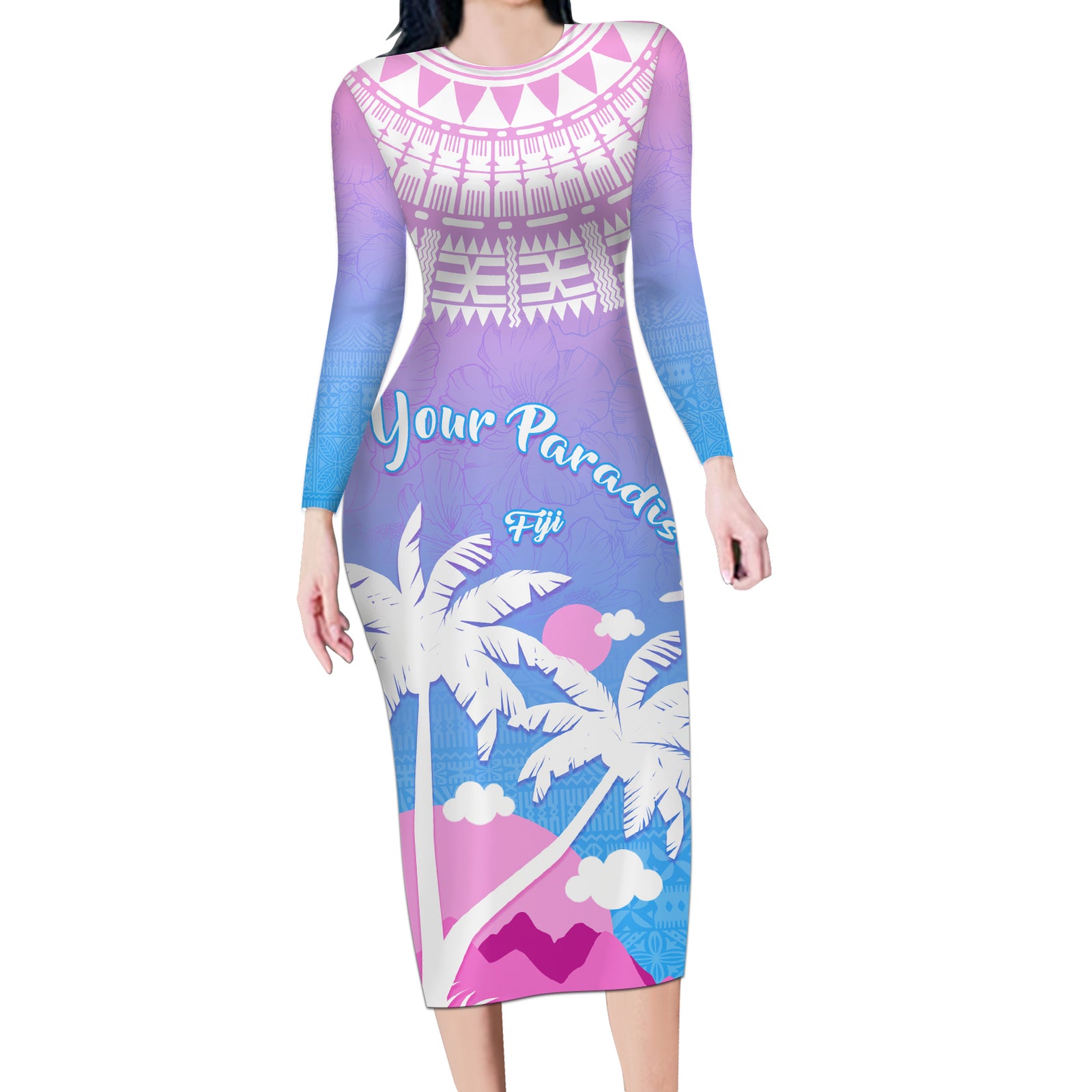 Personalised Fiji Your Paradise Festival Long Sleeve Bodycon Dress With Fijian Masi Tapa Pattern LT05 Long Dress Blue - Polynesian Pride