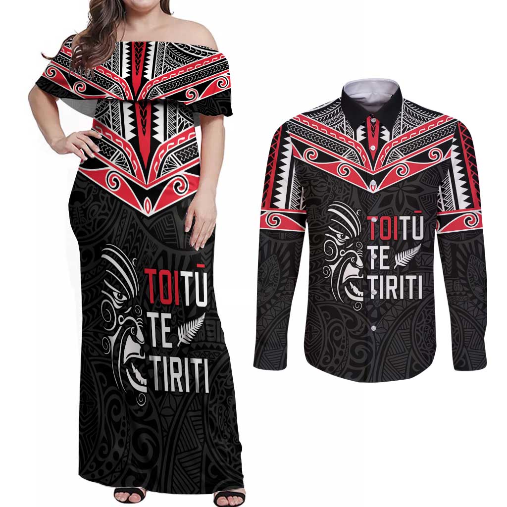 Aotearoa Toitu Te Tiriti Couples Matching Off Shoulder Maxi Dress and Long Sleeve Button Shirt New Zealand Honour The Treaty