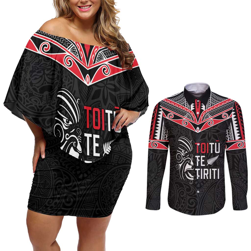 Aotearoa Toitu Te Tiriti Couples Matching Off Shoulder Short Dress and Long Sleeve Button Shirt New Zealand Honour The Treaty