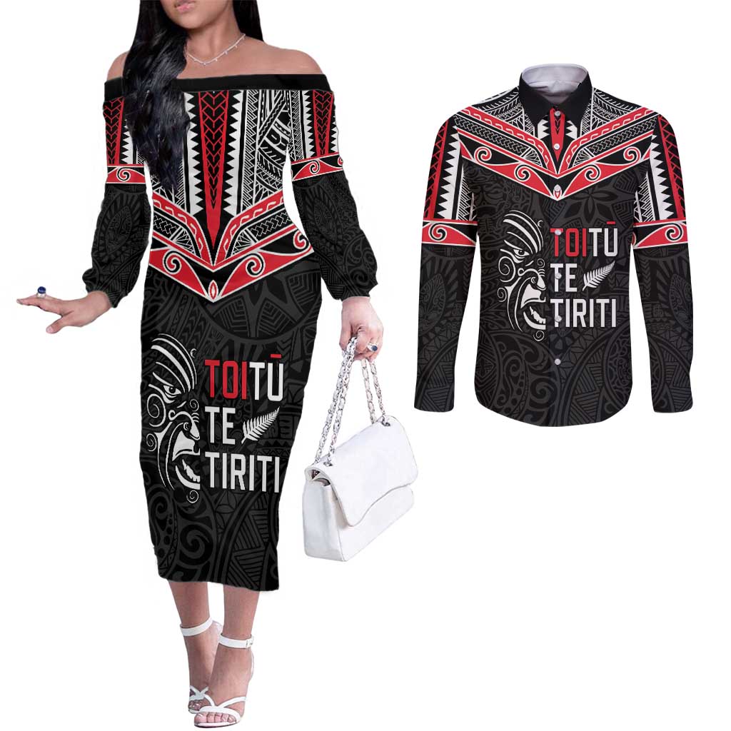 Aotearoa Toitu Te Tiriti Couples Matching Off The Shoulder Long Sleeve Dress and Long Sleeve Button Shirt New Zealand Honour The Treaty