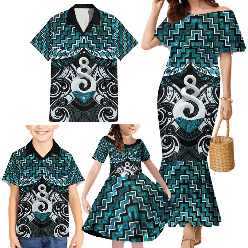 New Zealand Maori Family Matching Mermaid Dress and Hawaiian Shirt Poutama Pikorua Turquoise Paua Shell