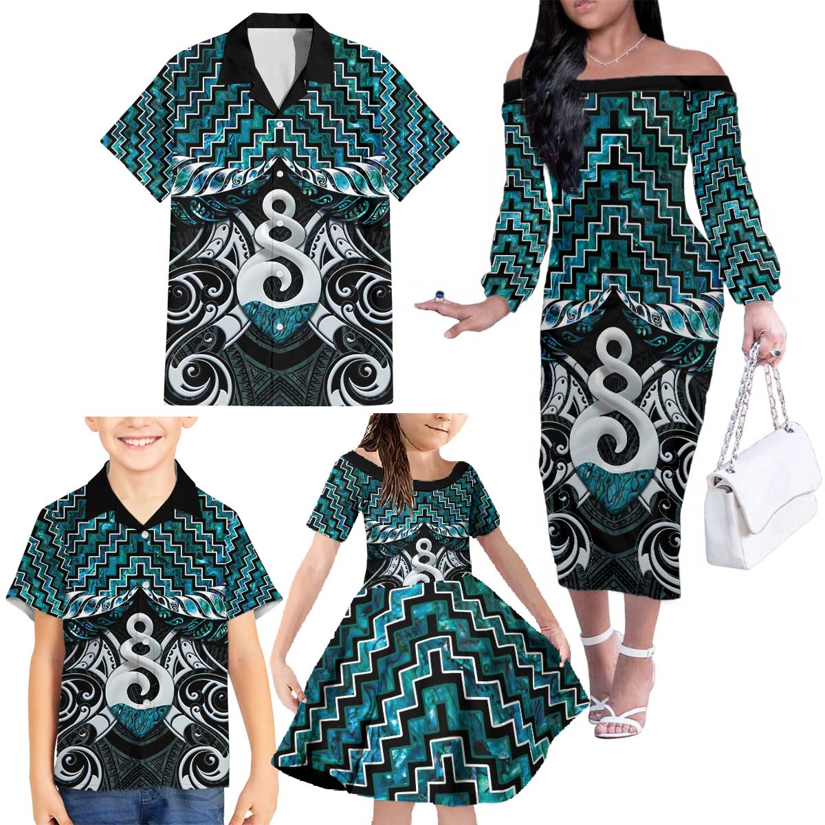 New Zealand Maori Family Matching Off The Shoulder Long Sleeve Dress and Hawaiian Shirt Poutama Pikorua Turquoise Paua Shell