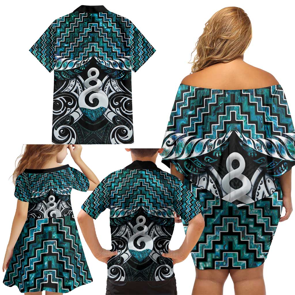 New Zealand Maori Family Matching Off Shoulder Short Dress and Hawaiian Shirt Poutama Pikorua Turquoise Paua Shell