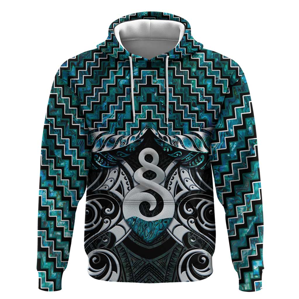 New Zealand Maori Hoodie Poutama Pikorua Turquoise Paua Shell