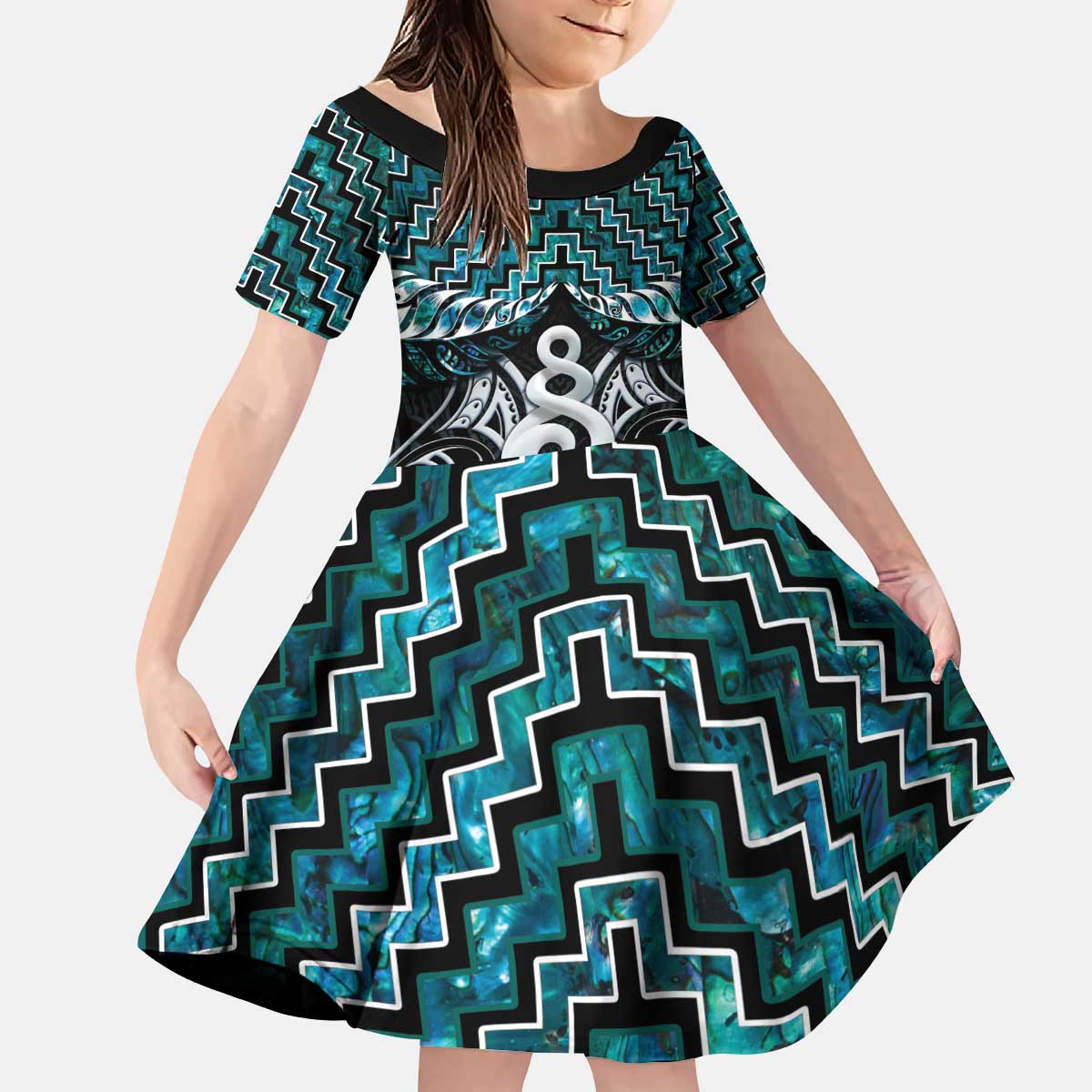 New Zealand Maori Kid Short Sleeve Dress Poutama Pikorua Turquoise Paua Shell LT05 KID Turquoise - Polynesian Pride