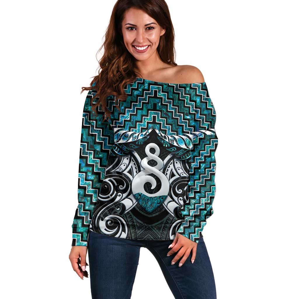New Zealand Maori Off Shoulder Sweater Poutama Pikorua Turquoise Paua Shell LT05 Women Turquoise - Polynesian Pride