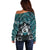 New Zealand Maori Off Shoulder Sweater Poutama Pikorua Turquoise Paua Shell