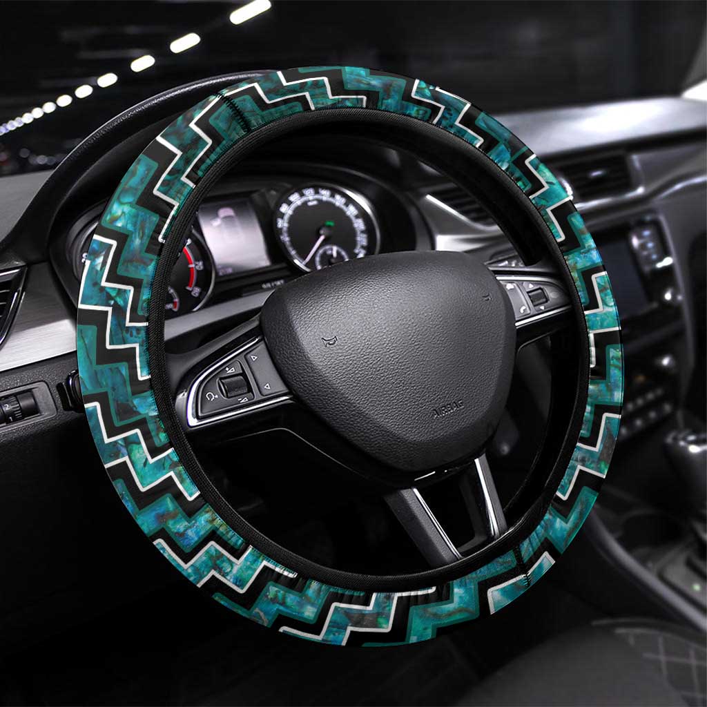 New Zealand Maori Steering Wheel Cover Poutama Pikorua Turquoise Paua Shell