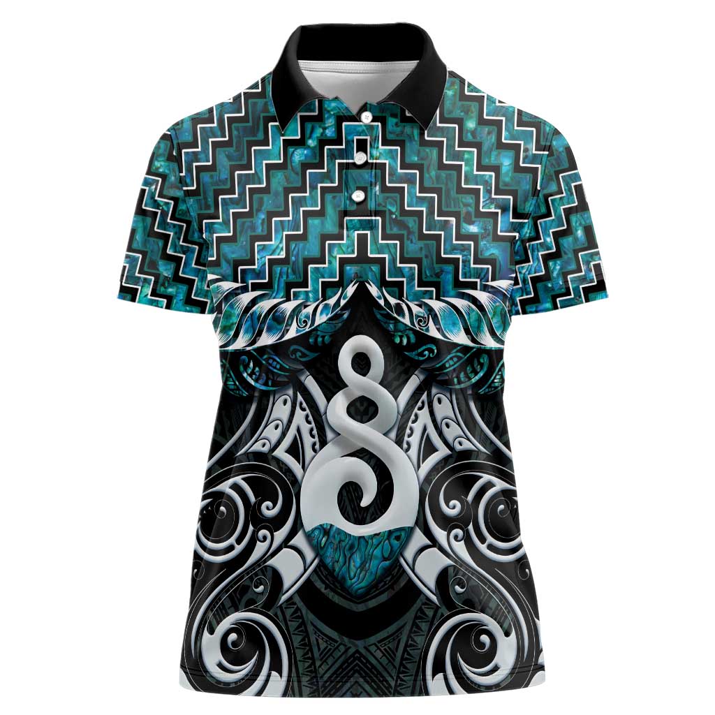 New Zealand Maori Women Polo Shirt Poutama Pikorua Turquoise Paua Shell