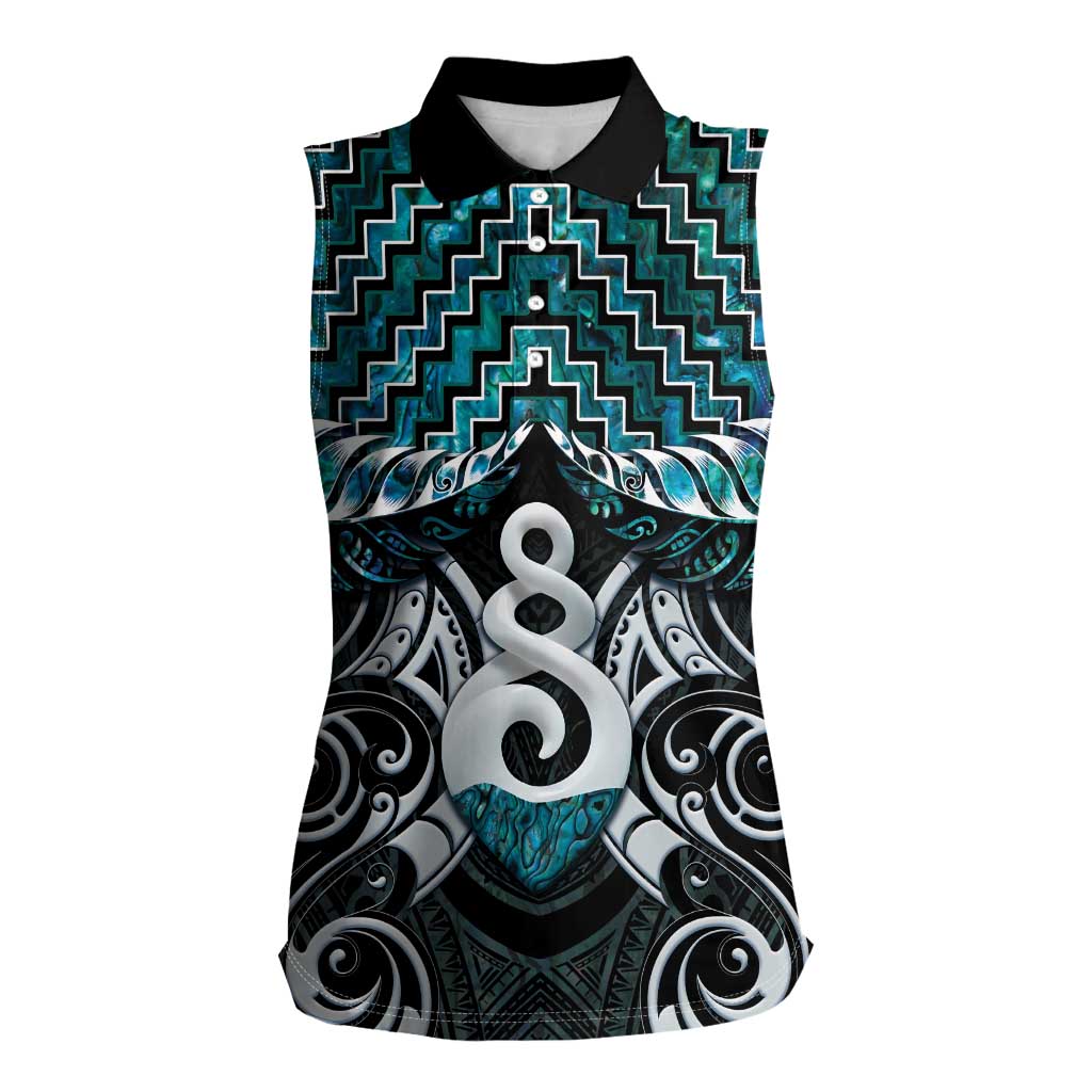 New Zealand Maori Women Sleeveless Polo Shirt Poutama Pikorua Turquoise Paua Shell