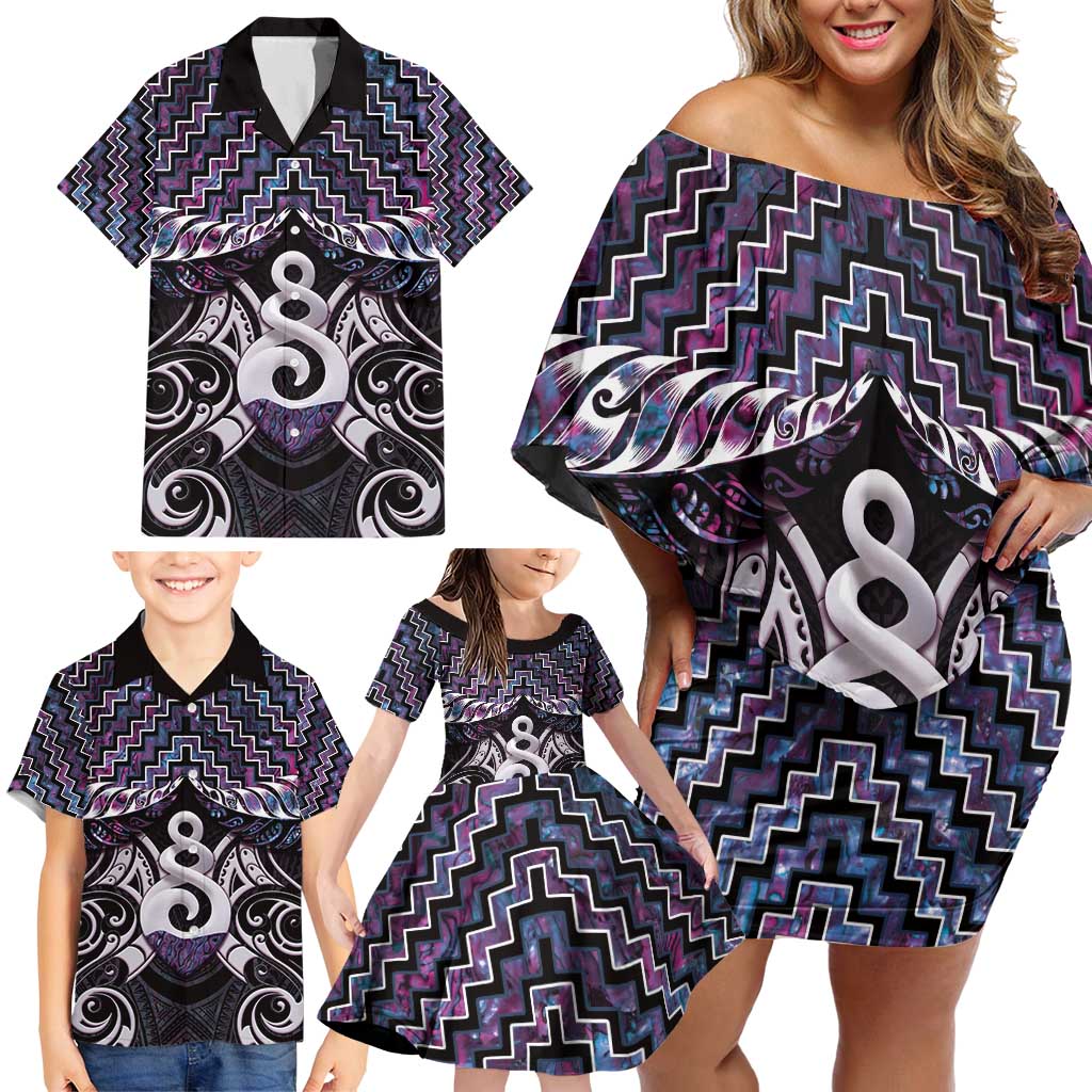 New Zealand Maori Family Matching Off Shoulder Short Dress and Hawaiian Shirt Poutama Pikorua Purple Paua Shell