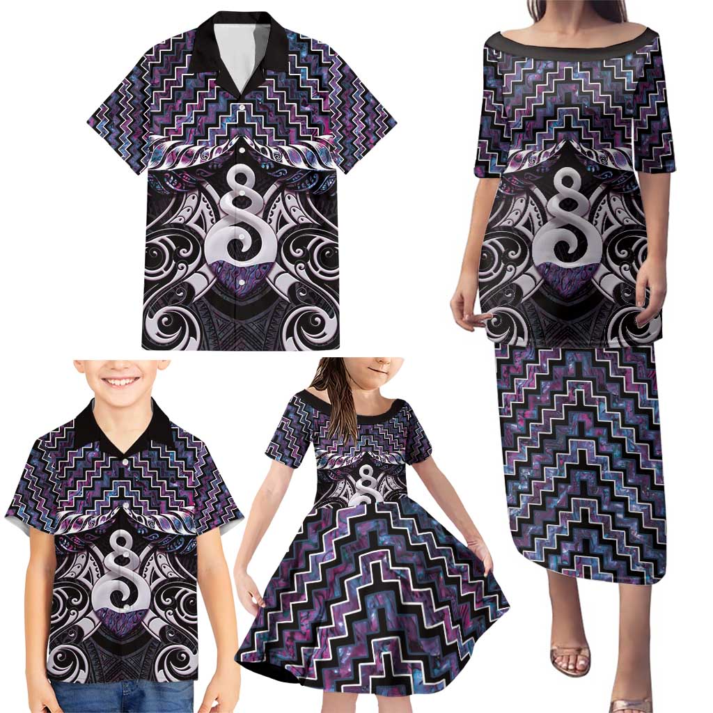 New Zealand Maori Family Matching Puletasi and Hawaiian Shirt Poutama Pikorua Purple Paua Shell