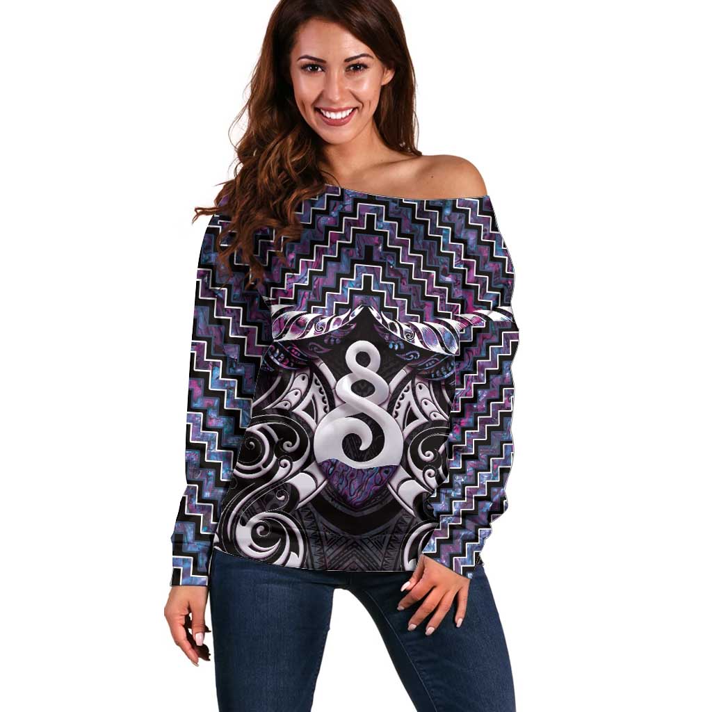 New Zealand Maori Off Shoulder Sweater Poutama Pikorua Purple Paua Shell LT05 Women Purple - Polynesian Pride