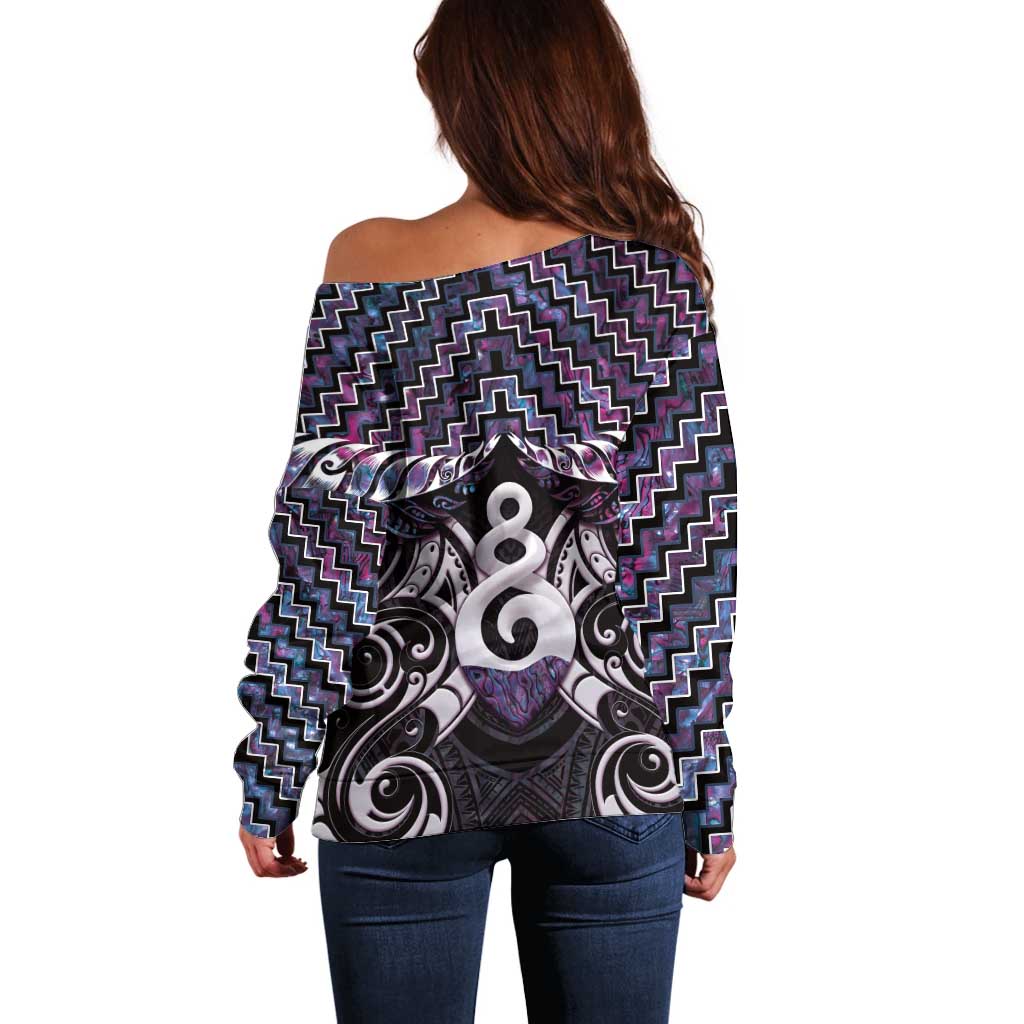 New Zealand Maori Off Shoulder Sweater Poutama Pikorua Purple Paua Shell LT05 - Polynesian Pride