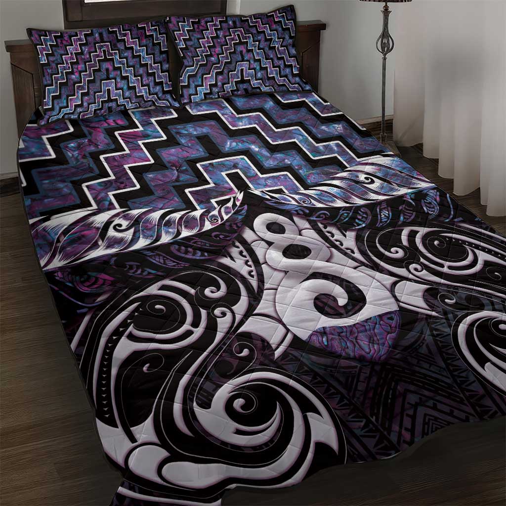 New Zealand Maori Quilt Bed Set Poutama Pikorua Purple Paua Shell