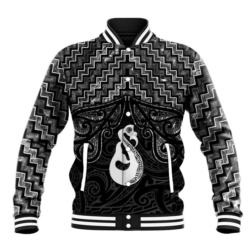 New Zealand Maori Baseball Jacket Poutama Manaia Black Paua Shell LT05 Unisex Black - Polynesian Pride