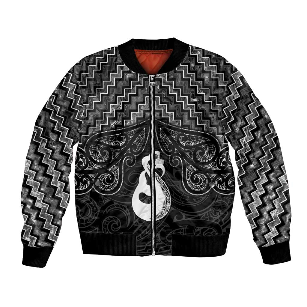 New Zealand Maori Bomber Jacket Poutama Manaia Black Paua Shell LT05 Unisex Black - Polynesian Pride