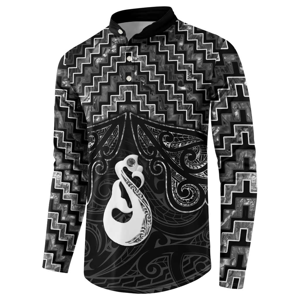 New Zealand Maori Button Sweatshirt Poutama Manaia Black Paua Shell LT05 - Polynesian Pride