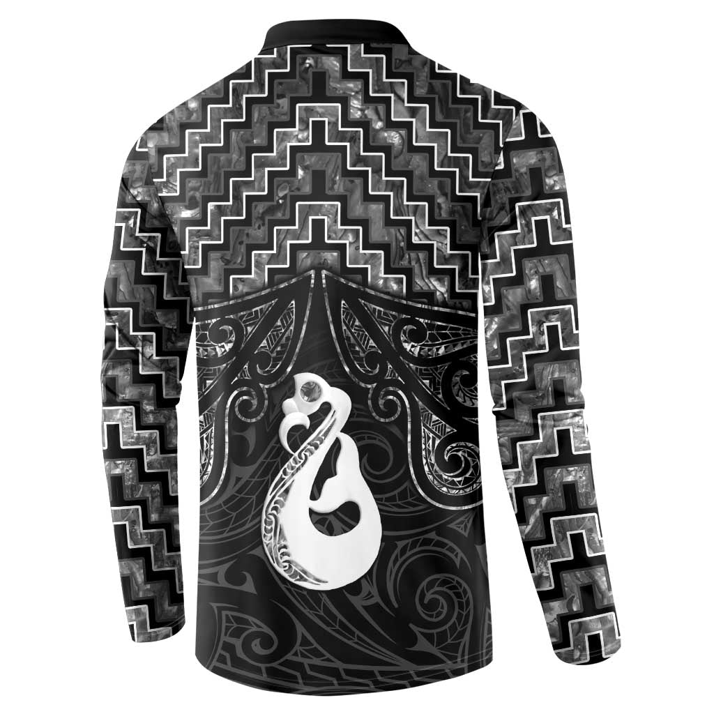 New Zealand Maori Button Sweatshirt Poutama Manaia Black Paua Shell LT05 - Polynesian Pride