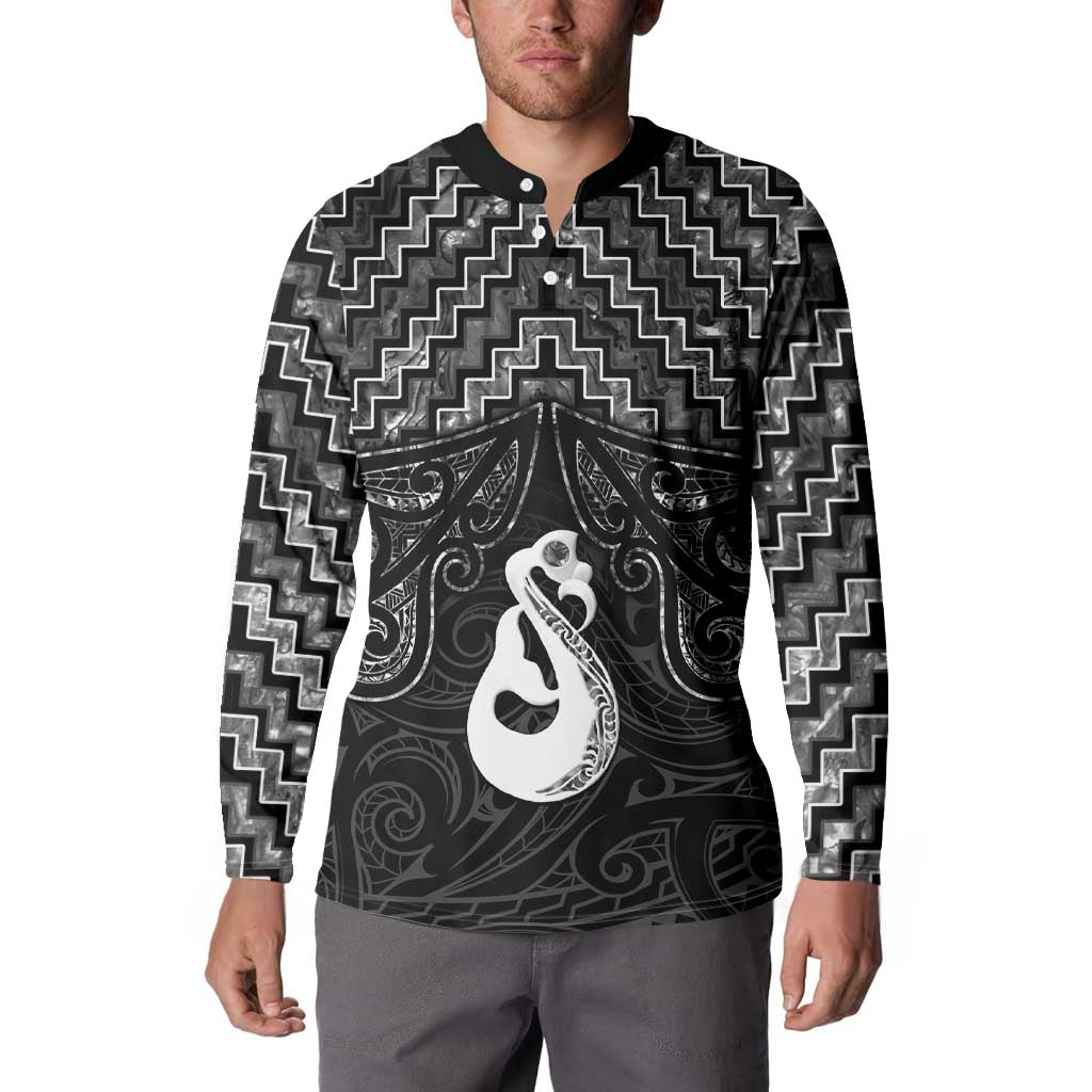 New Zealand Maori Button Sweatshirt Poutama Manaia Black Paua Shell LT05 - Polynesian Pride