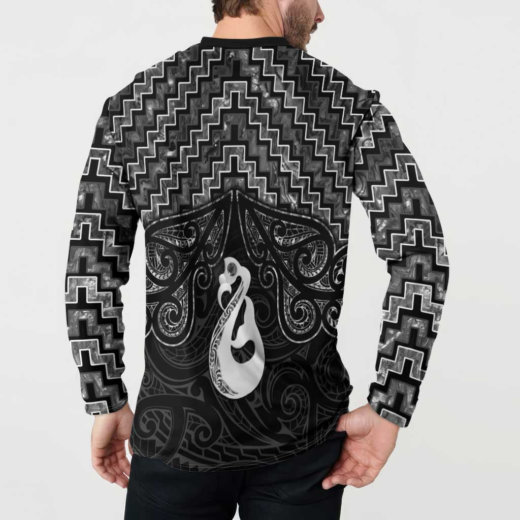 New Zealand Maori Button Sweatshirt Poutama Manaia Black Paua Shell LT05 - Polynesian Pride