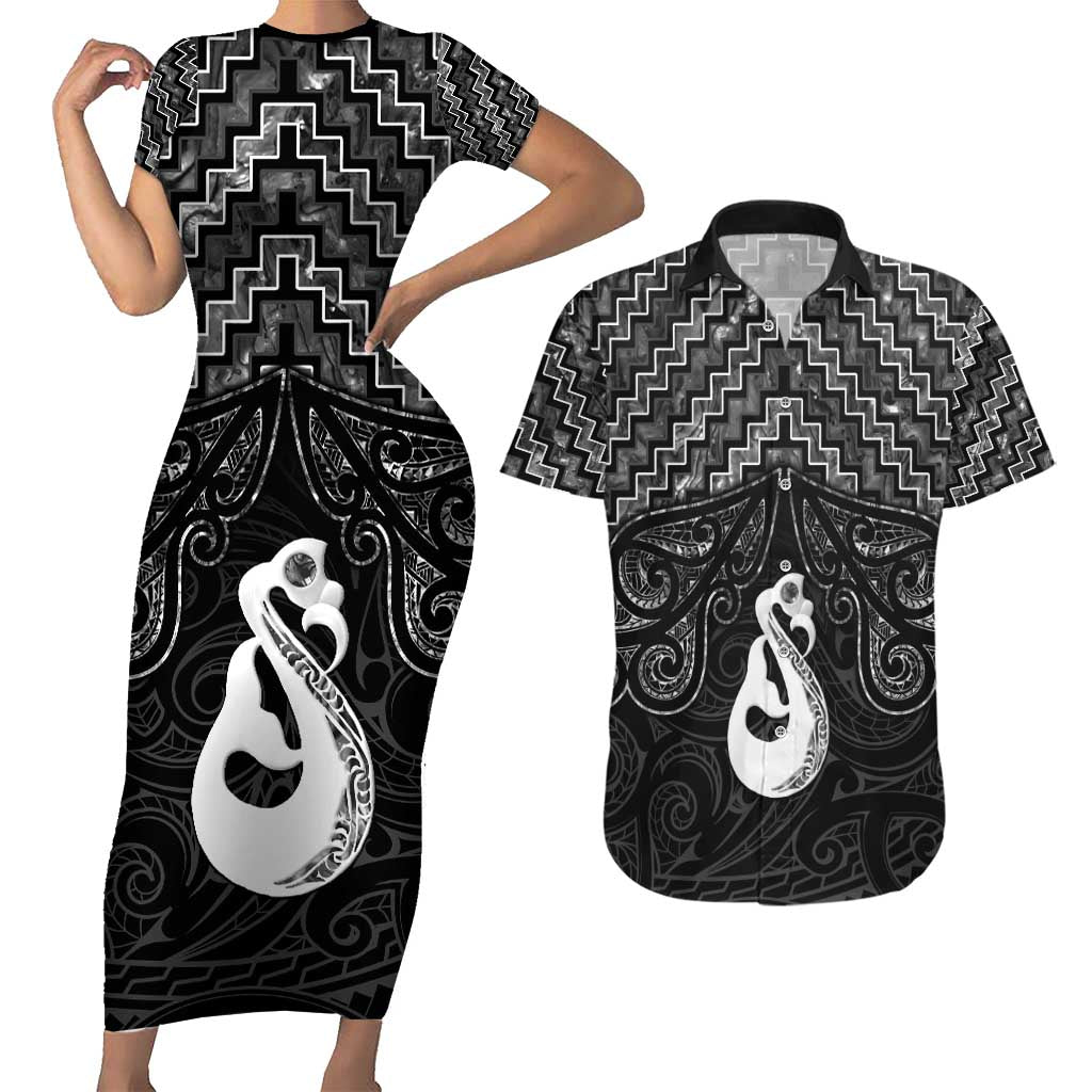 New Zealand Maori Couples Matching Short Sleeve Bodycon Dress and Hawaiian Shirt Poutama Manaia Black Paua Shell