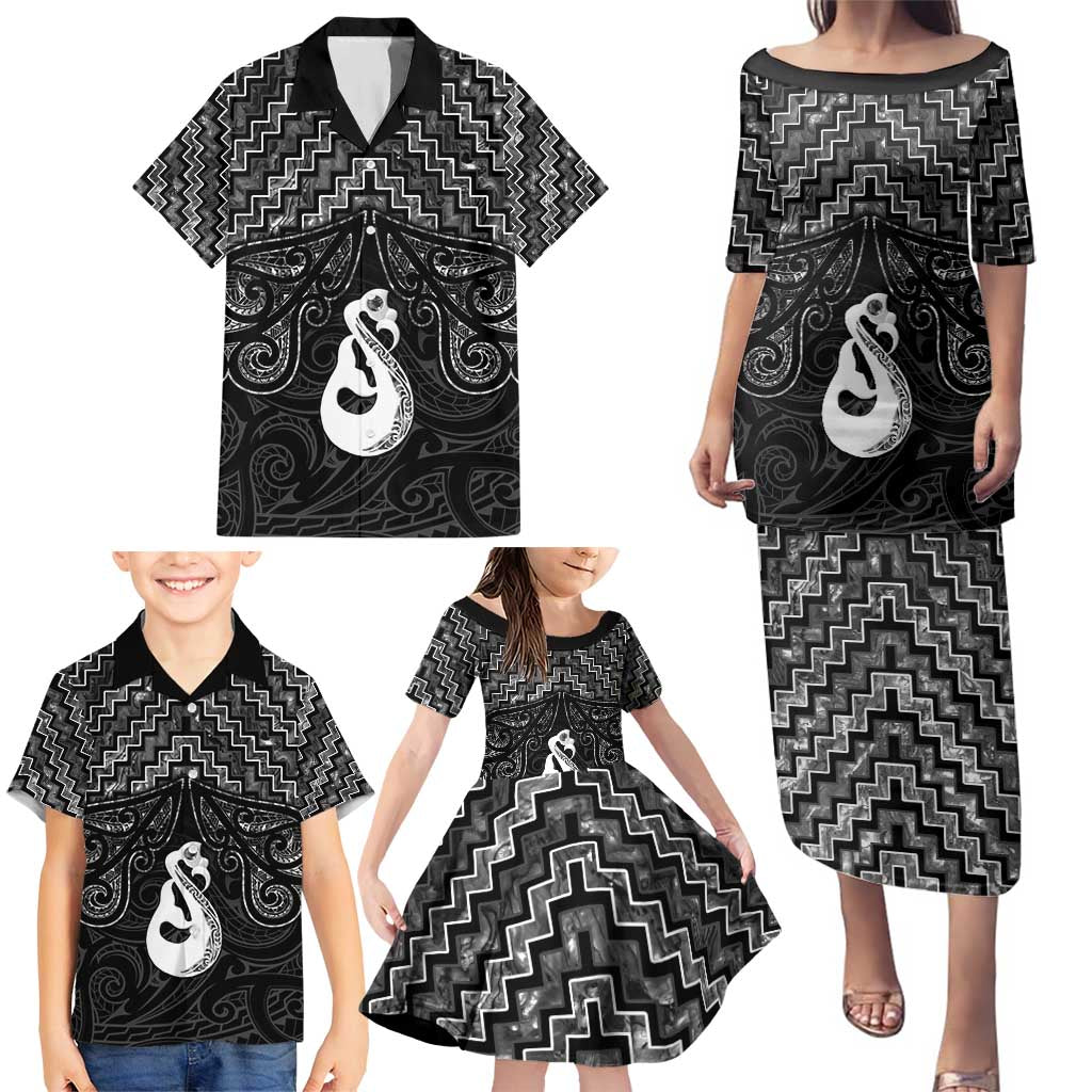 New Zealand Maori Family Matching Puletasi and Hawaiian Shirt Poutama Manaia Black Paua Shell