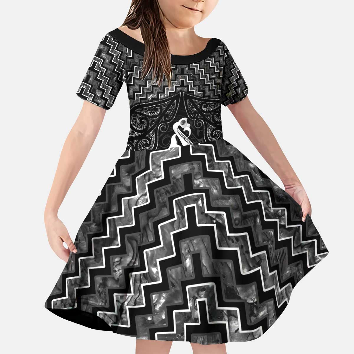 New Zealand Maori Kid Short Sleeve Dress Poutama Manaia Black Paua Shell LT05 KID Black - Polynesian Pride
