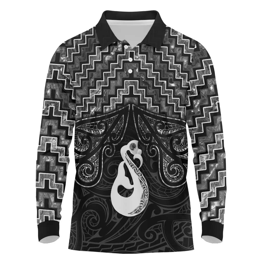 New Zealand Maori Long Sleeve Polo Shirt Poutama Manaia Black Paua Shell LT05 Black - Polynesian Pride