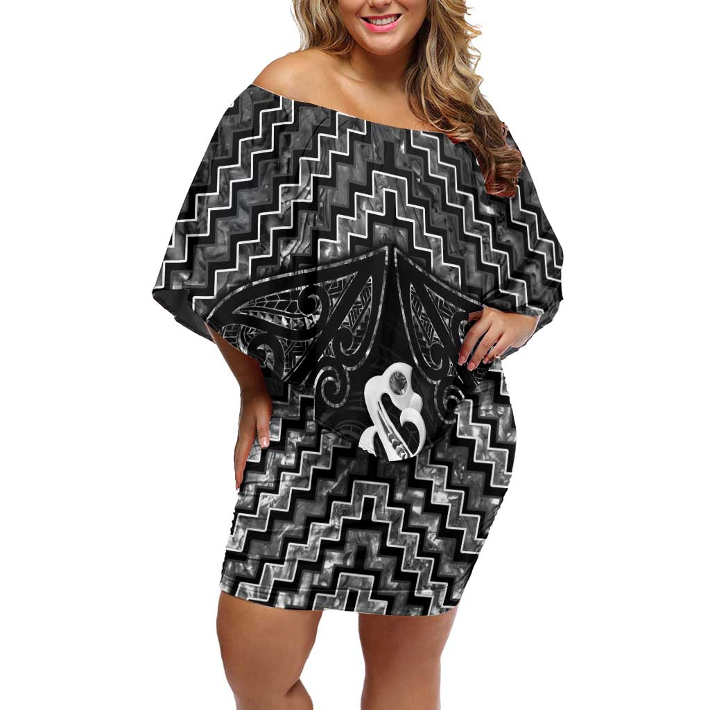 New Zealand Maori Off Shoulder Short Dress Poutama Manaia Black Paua Shell LT05 Women Black - Polynesian Pride