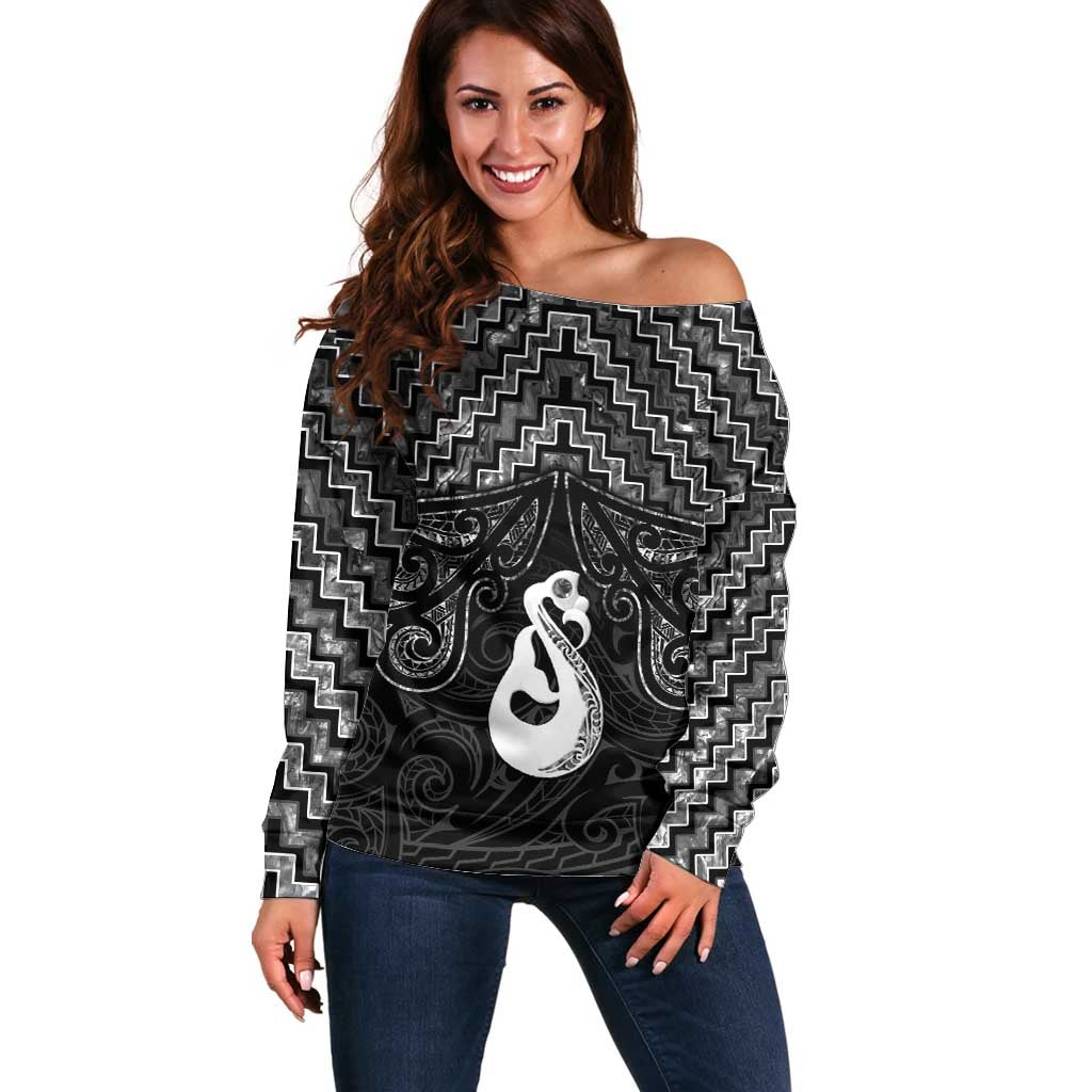New Zealand Maori Off Shoulder Sweater Poutama Manaia Black Paua Shell LT05 Women Black - Polynesian Pride