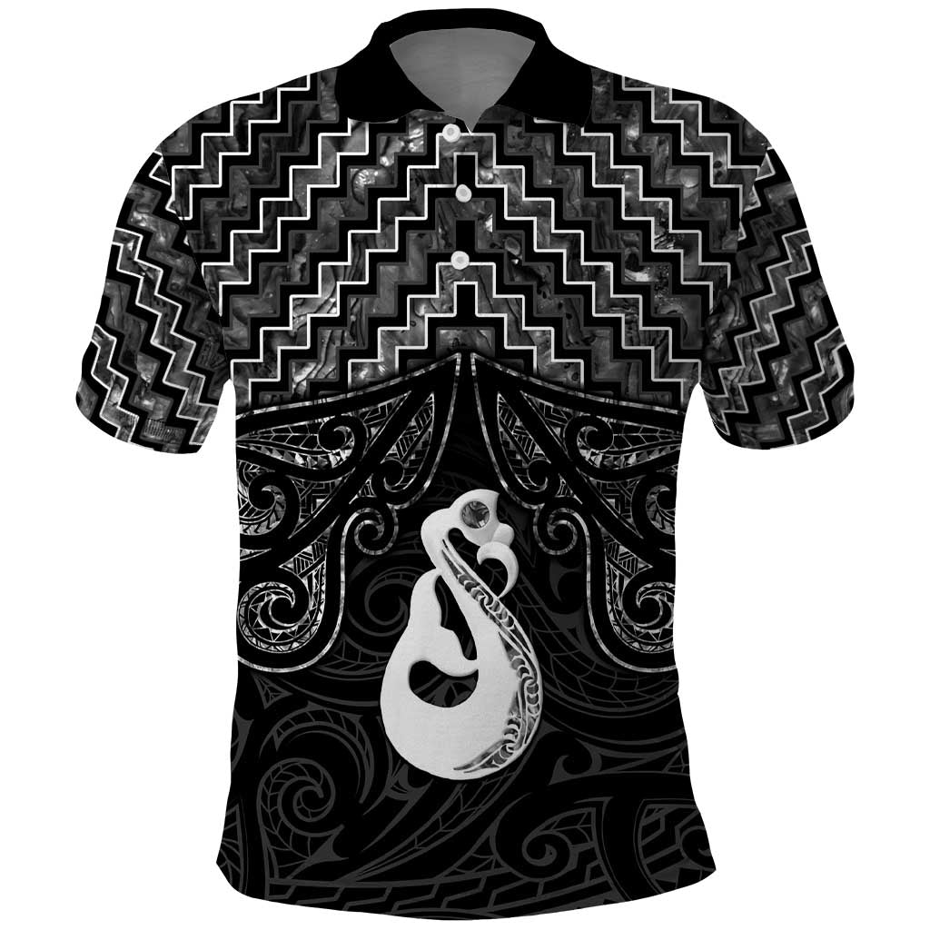 New Zealand Maori Polo Shirt Poutama Manaia Black Paua Shell LT05 Black - Polynesian Pride