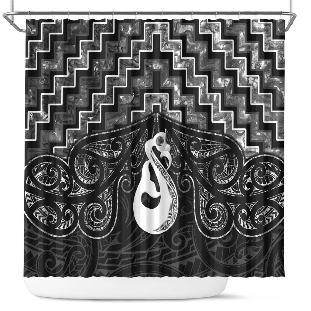 New Zealand Maori Shower Curtain Poutama Manaia Black Paua Shell LT05 Black - Polynesian Pride