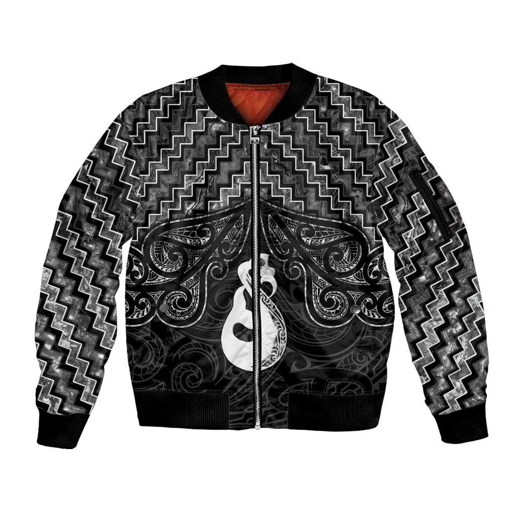 New Zealand Maori Sleeve Zip Bomber Jacket Poutama Manaia Black Paua Shell LT05 Unisex Black - Polynesian Pride