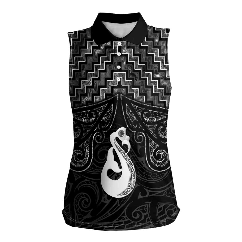 New Zealand Maori Women Sleeveless Polo Shirt Poutama Manaia Black Paua Shell