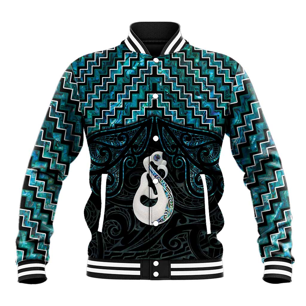 New Zealand Maori Baseball Jacket Poutama Manaia Turquoise Paua Shell LT05 Unisex Turquoise - Polynesian Pride