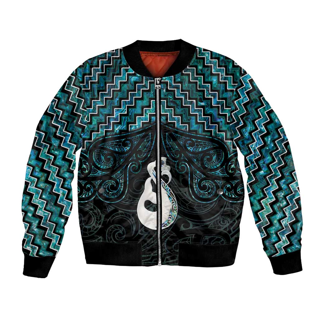 New Zealand Maori Bomber Jacket Poutama Manaia Turquoise Paua Shell LT05 Unisex Turquoise - Polynesian Pride
