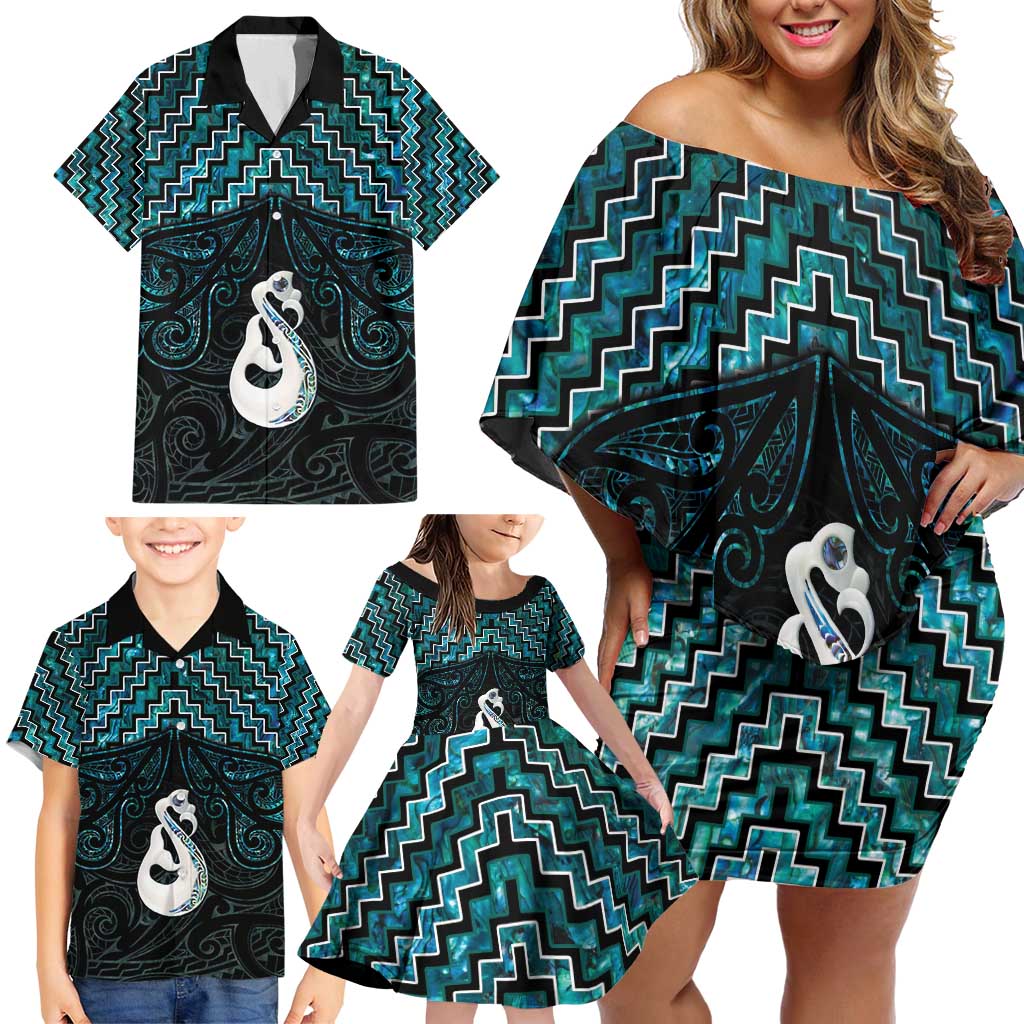 New Zealand Maori Family Matching Off Shoulder Short Dress and Hawaiian Shirt Poutama Manaia Turquoise Paua Shell