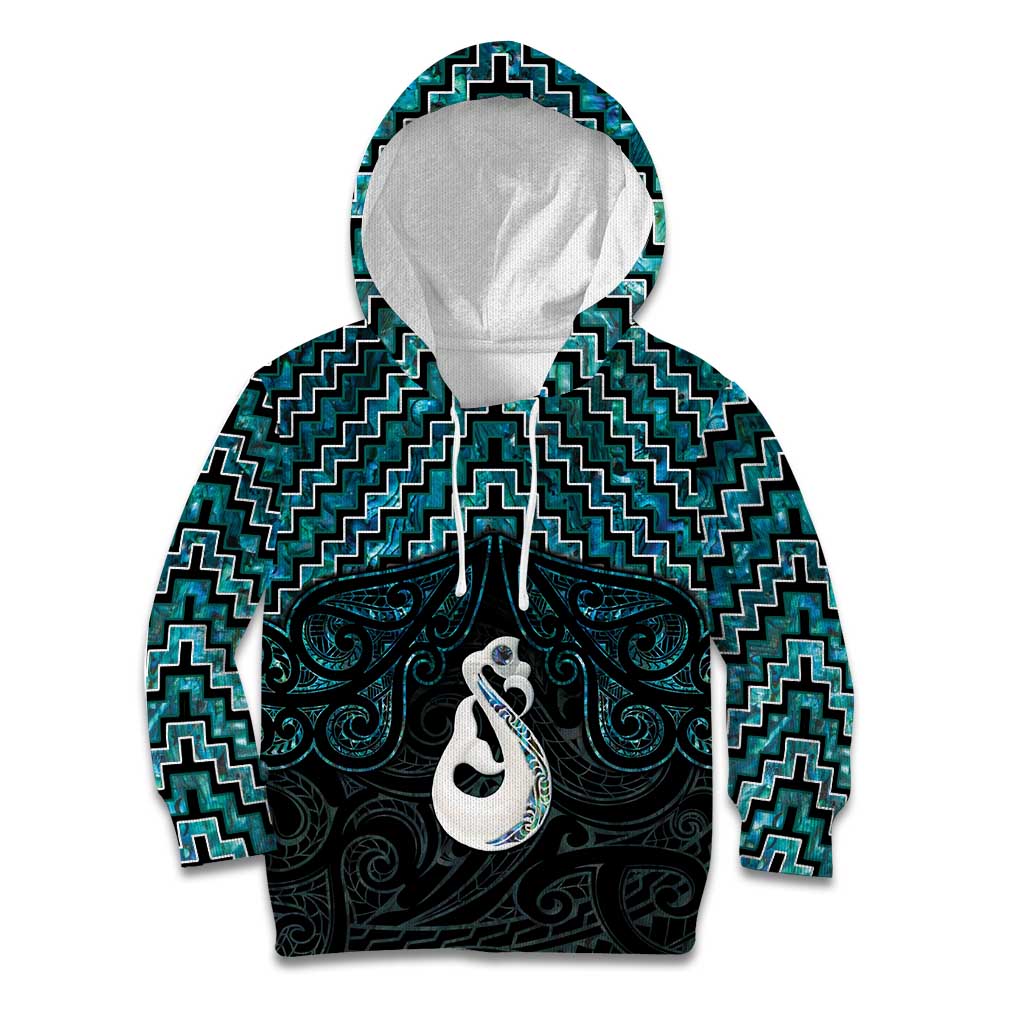 New Zealand Maori Kid Hoodie Poutama Manaia Turquoise Paua Shell LT05 Hoodie Turquoise - Polynesian Pride