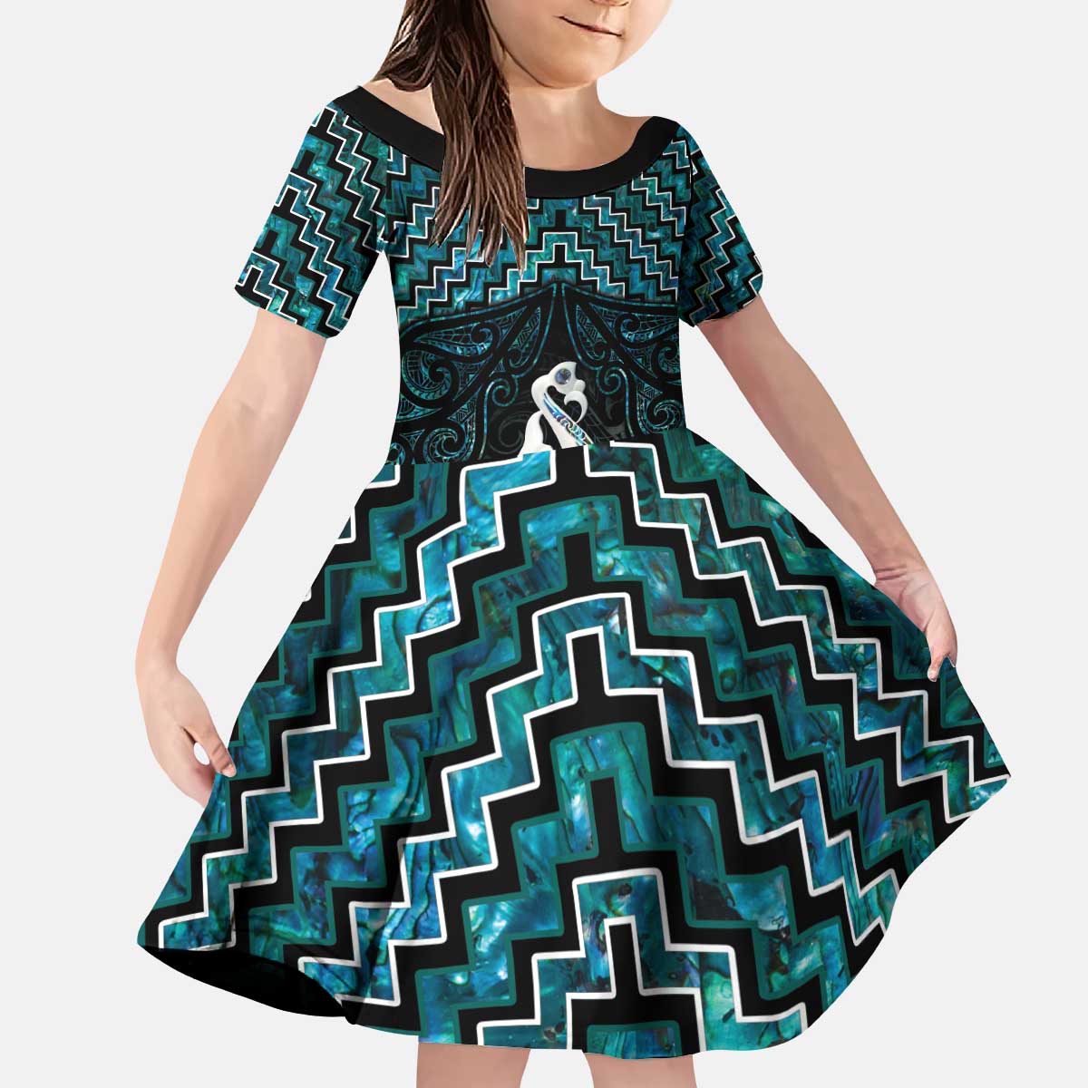 New Zealand Maori Kid Short Sleeve Dress Poutama Manaia Turquoise Paua Shell LT05 KID Turquoise - Polynesian Pride