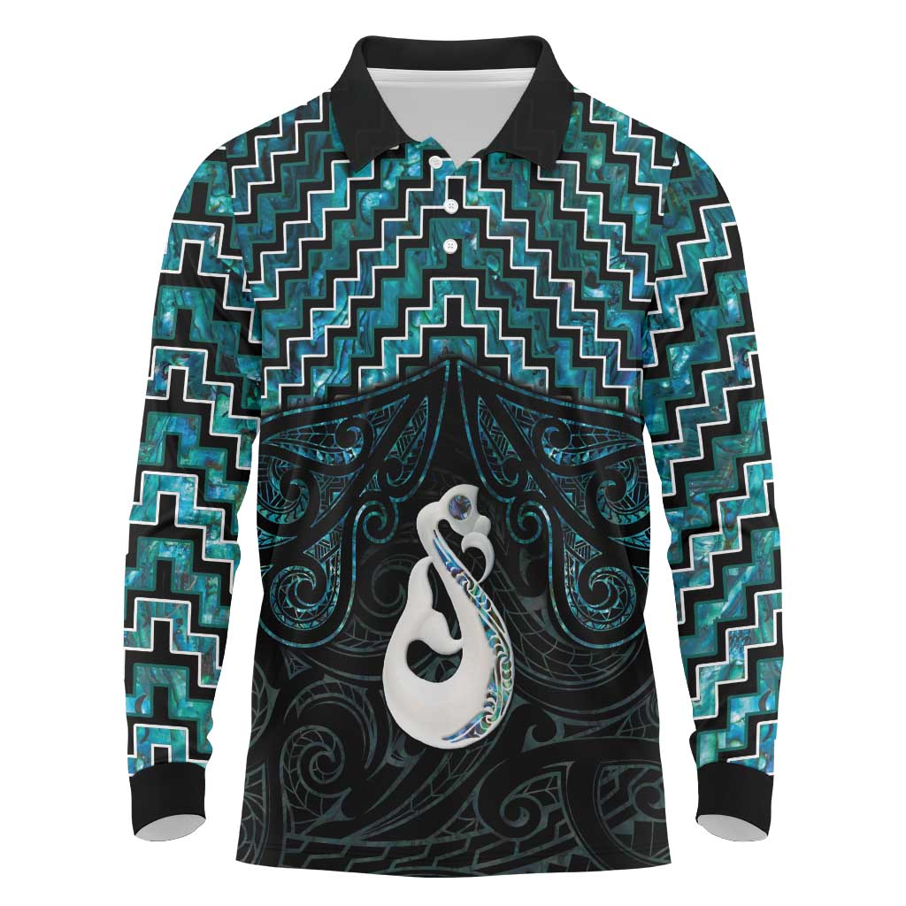 New Zealand Maori Long Sleeve Polo Shirt Poutama Manaia Turquoise Paua Shell