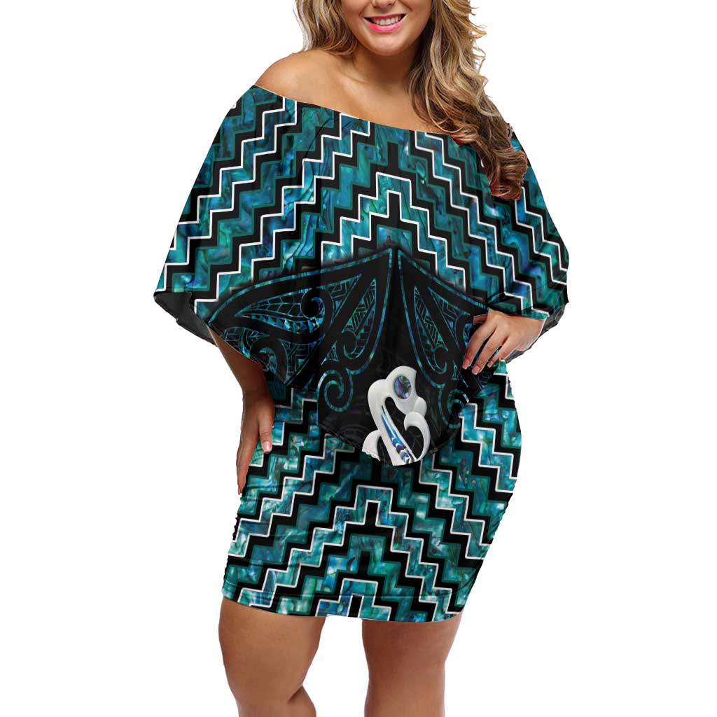 New Zealand Maori Off Shoulder Short Dress Poutama Manaia Turquoise Paua Shell LT05 Women Turquoise - Polynesian Pride