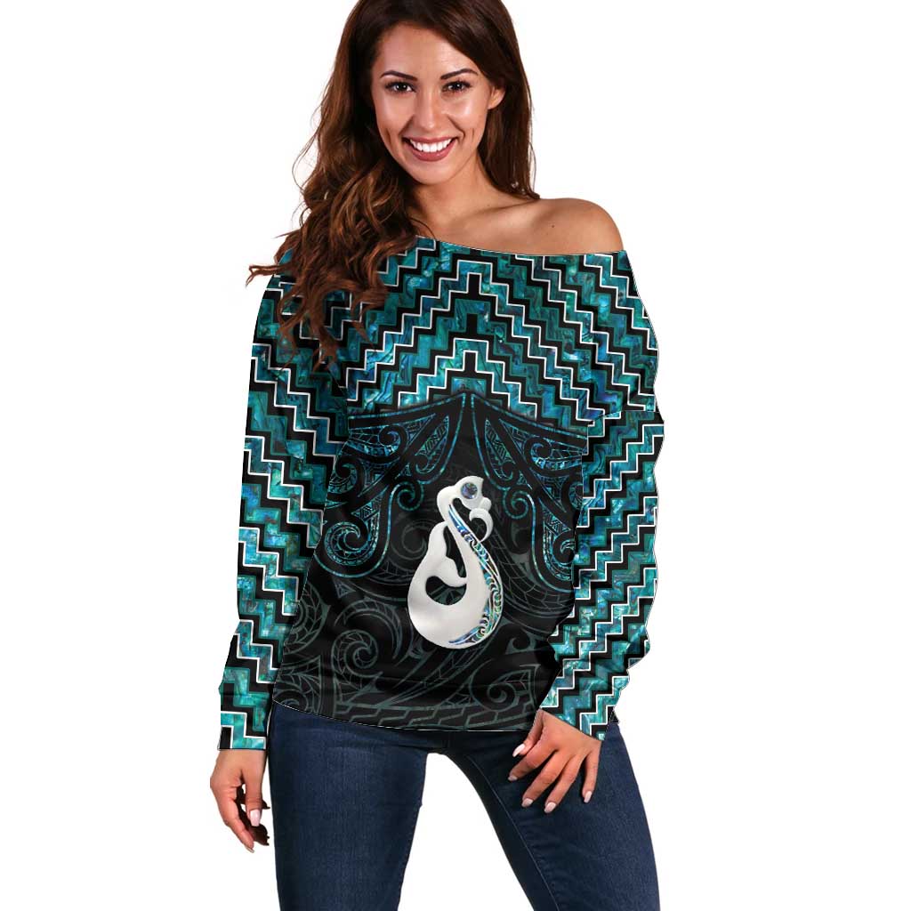 New Zealand Maori Off Shoulder Sweater Poutama Manaia Turquoise Paua Shell LT05 Women Turquoise - Polynesian Pride